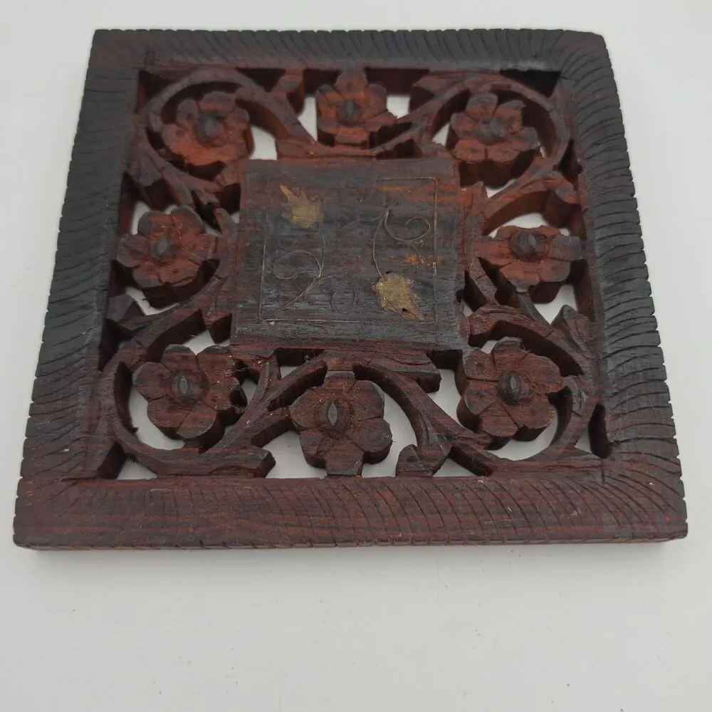 Wood Carved Footed Trivets With Leaves And Flowers